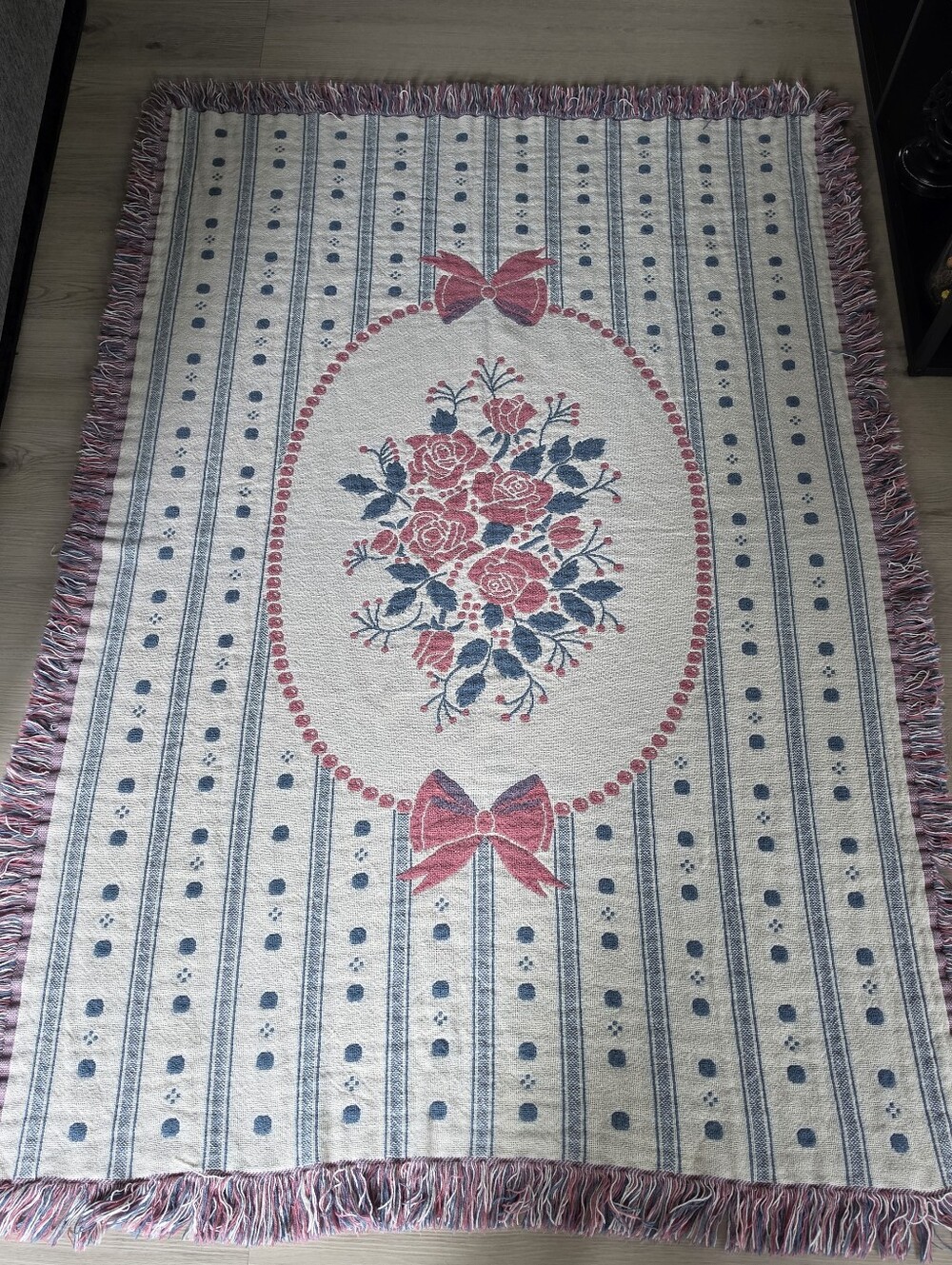 Vintage reversible Cottagecore Woven Throw tapestry Blanket Pink Blue Ribbon Bow
